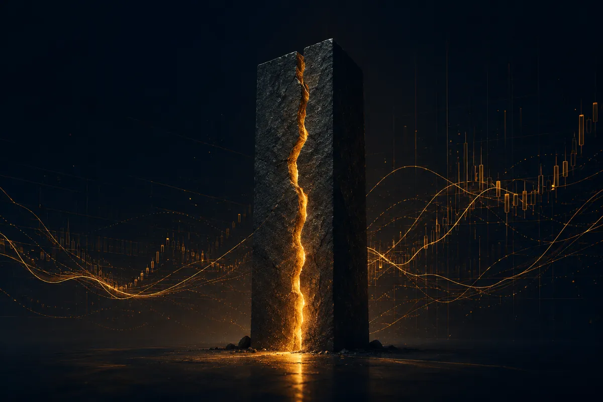 A dark stone pillar with a single hairline fracture glowing from within