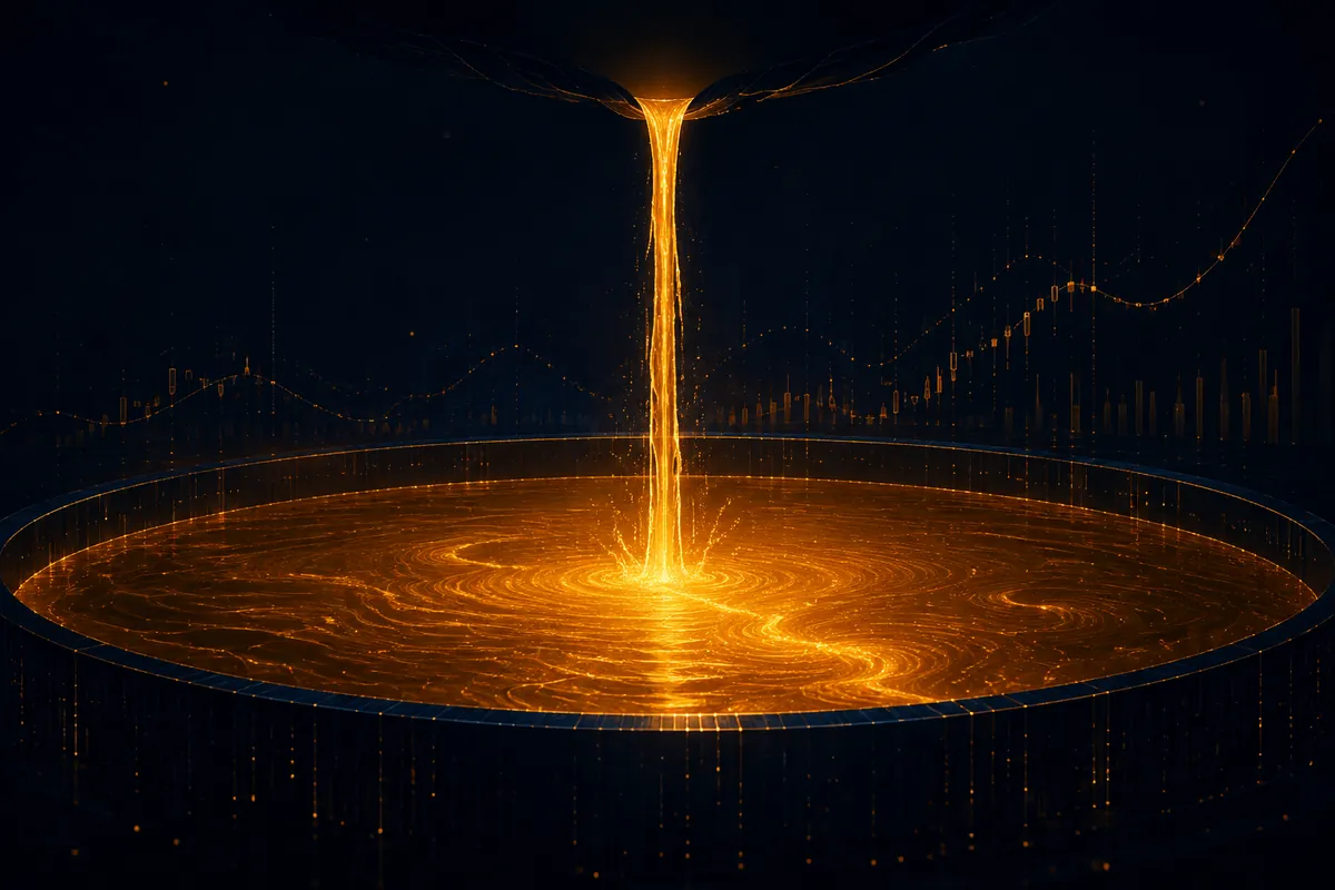A thin stream of amber light pouring into a vast filled basin, contrasting annual flow with accumulated total
