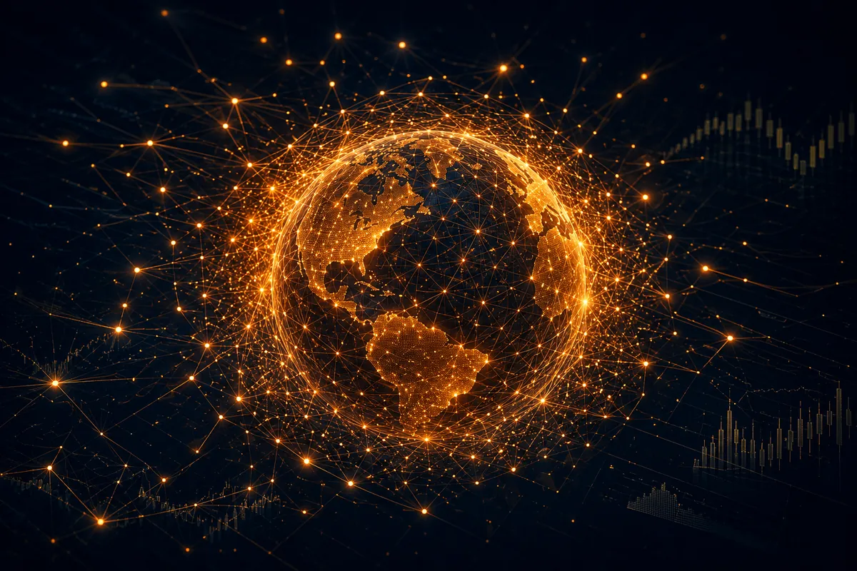 A glowing sphere wrapped in a web of light filaments connecting to many nodes, most of them close by